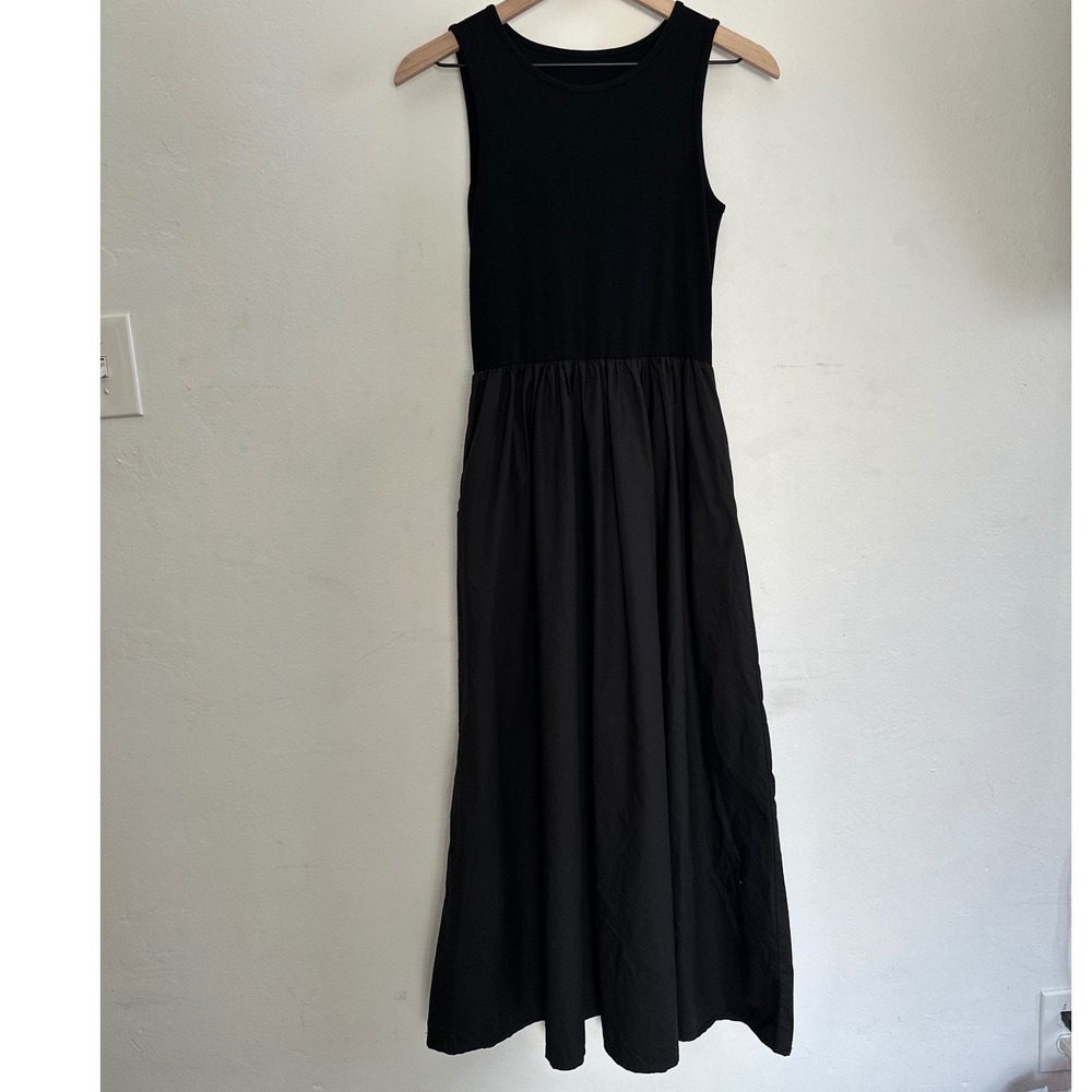 Black Sleeveless Mixed Media Poplin Midi Tank Dress Minimalist Casual Vacation - Picture 3 of 7